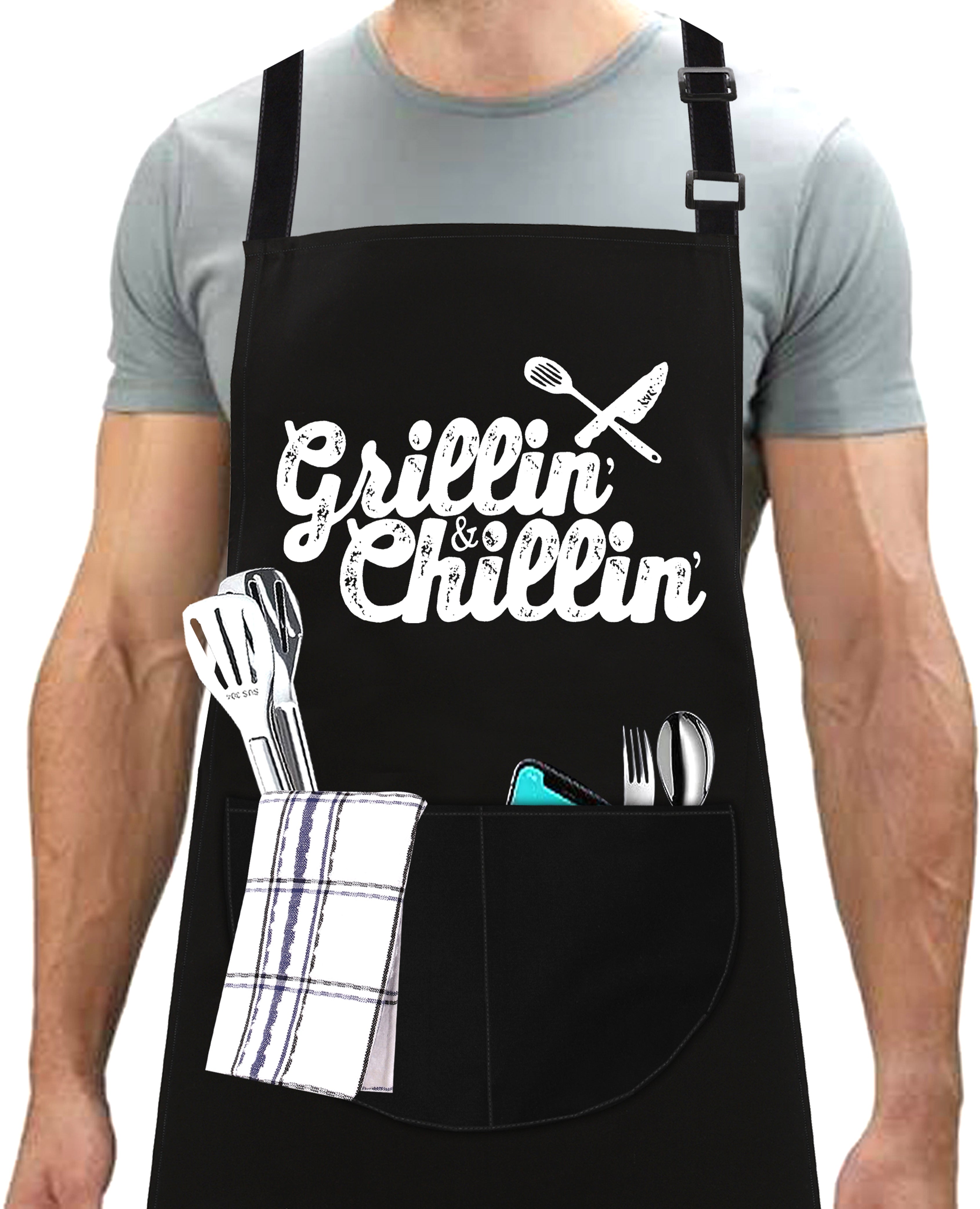 Kitchen Chef Cooking Aprons for Men Women Grilling and Chilling Apron Black