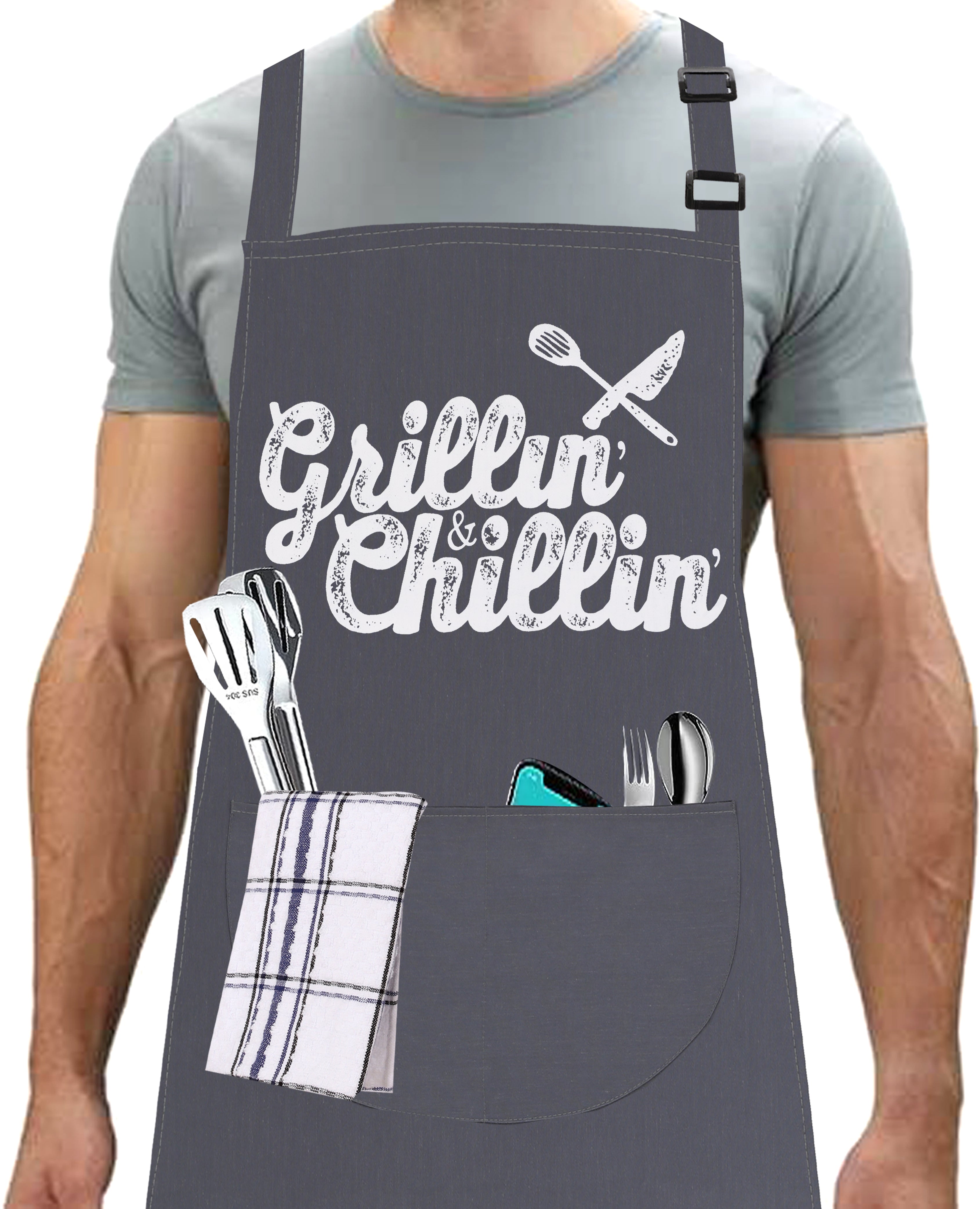 Kitchen Chef Cooking Aprons for Men Women Grilling and Chilling Apron Grey