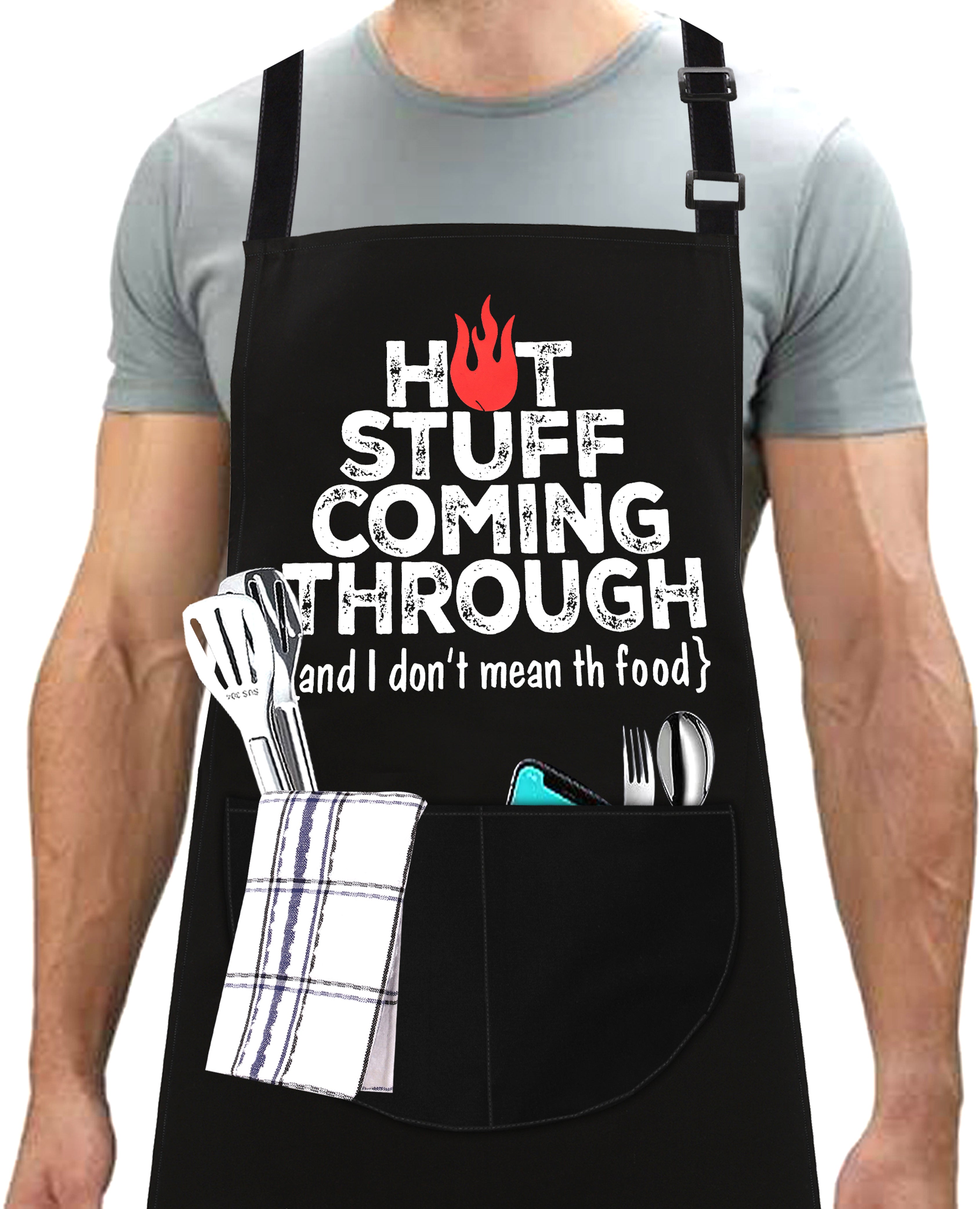 Kitchen Chef Cooking Aprons for Men Women Hot Stuff Coming Through Apron Black