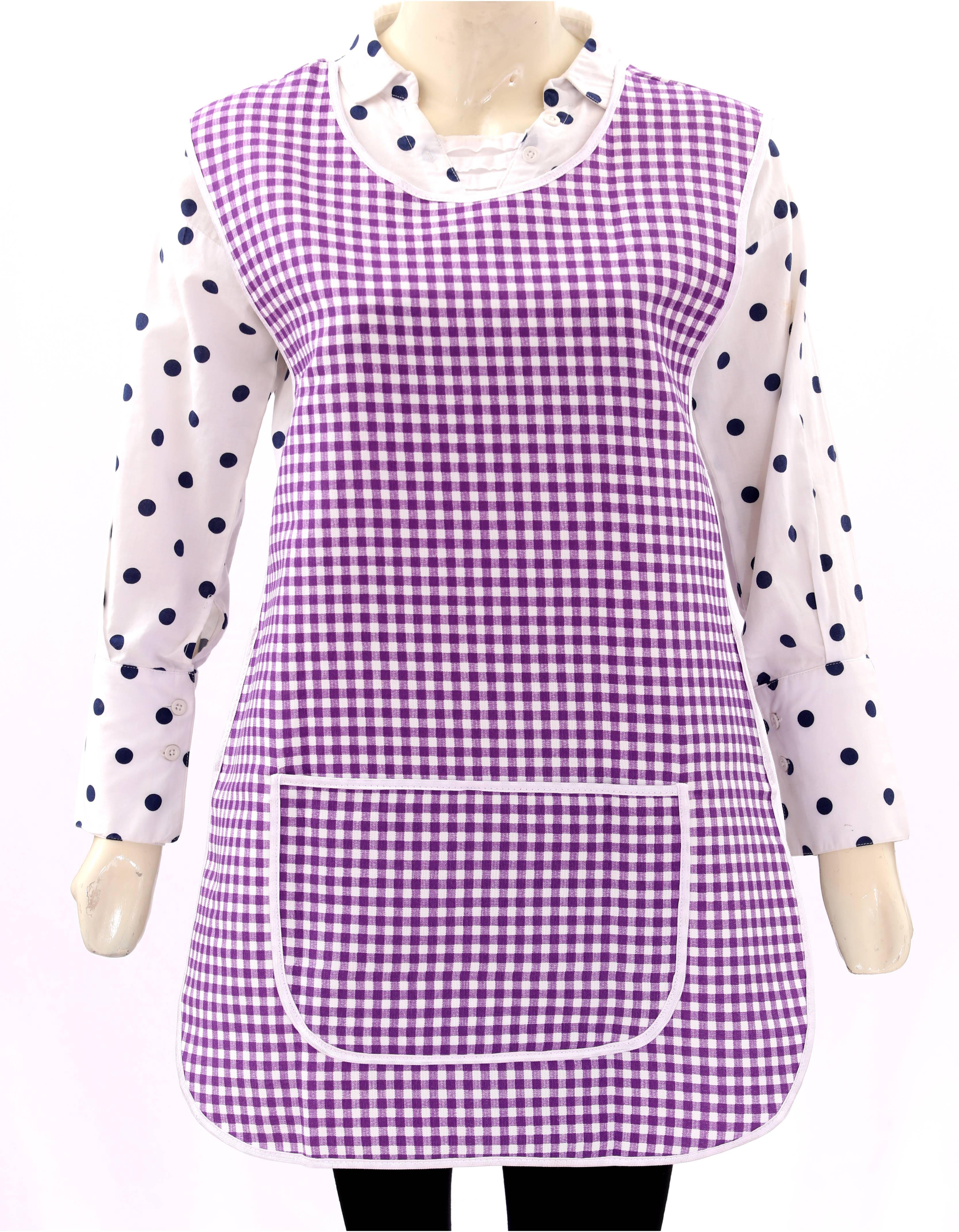 Tabard Apron With Front Pocket Purple Check Cleaning Apron