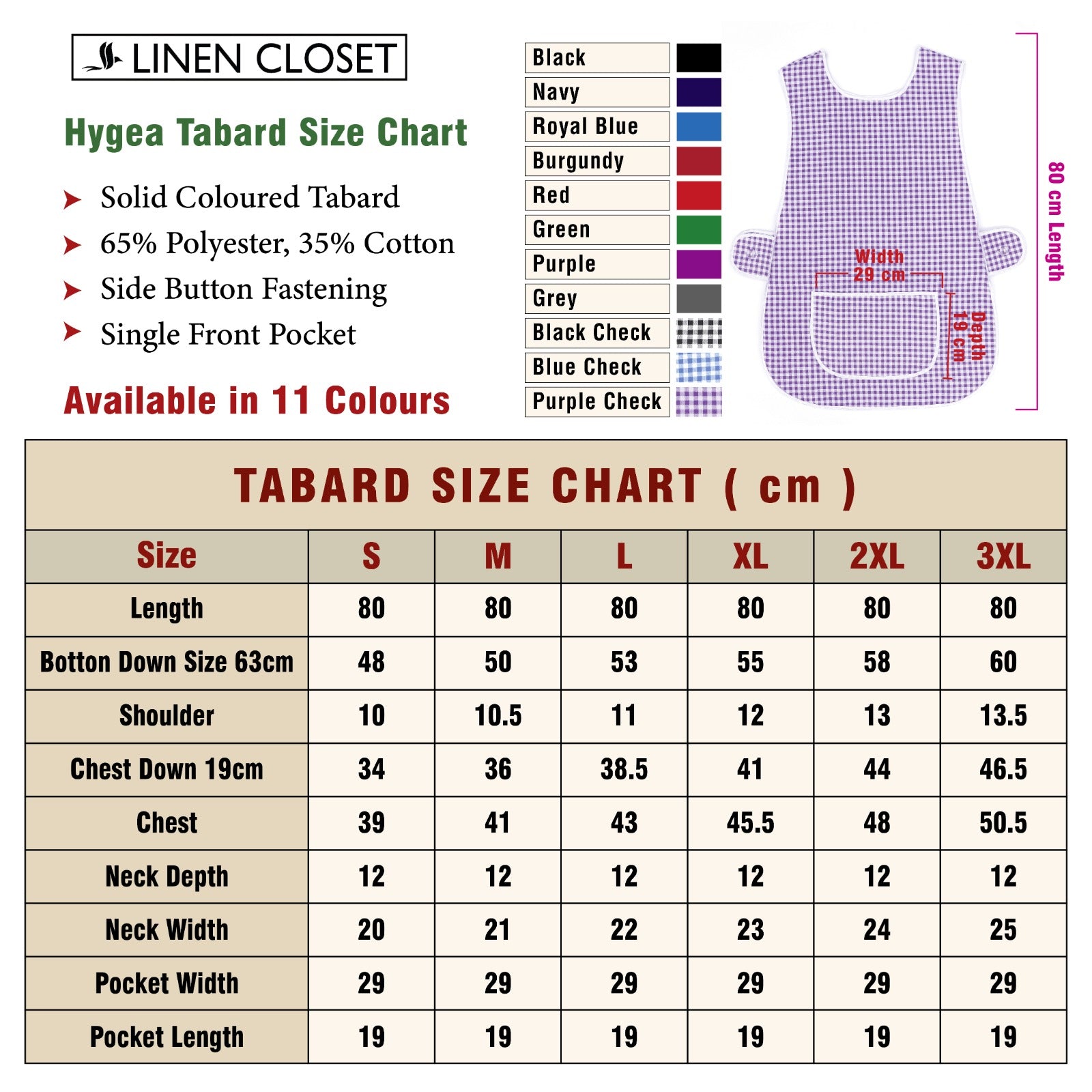 Tabard Apron With Front Pocket Purple Check Cleaning Apron